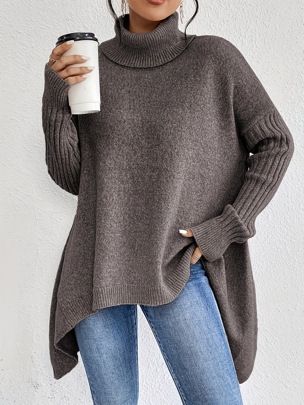 Oversized Turtleneck Asymmetric Hem Tunic Sweater - Brown