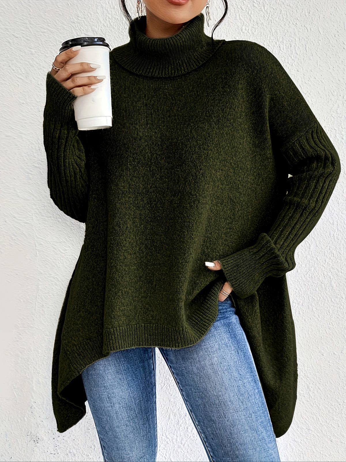 Oversized Turtleneck Asymmetric Hem Tunic Sweater - Green