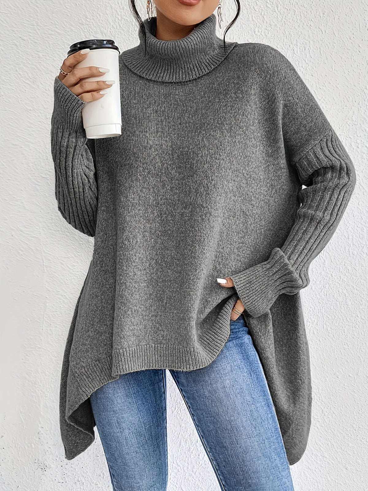 Oversized Turtleneck Asymmetric Hem Tunic Sweater - Grey
