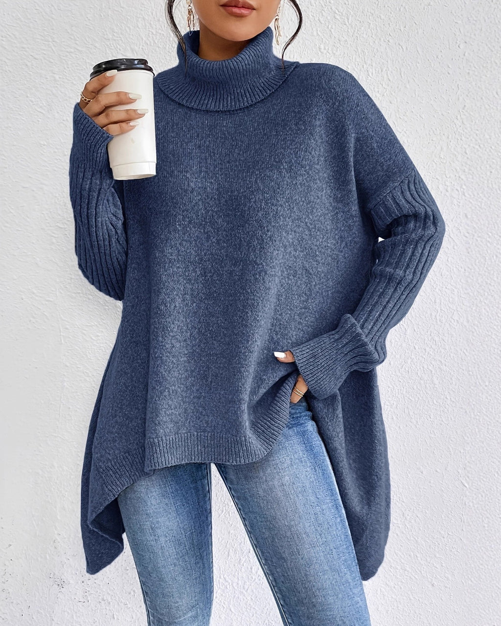 Oversized Turtleneck Asymmetric Hem Tunic Sweater - Navyblue
