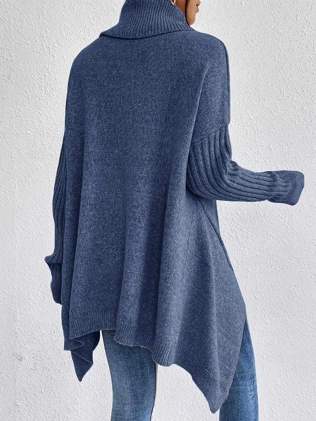 Oversized Turtleneck Asymmetric Hem Tunic Sweater - Navyblue - 1