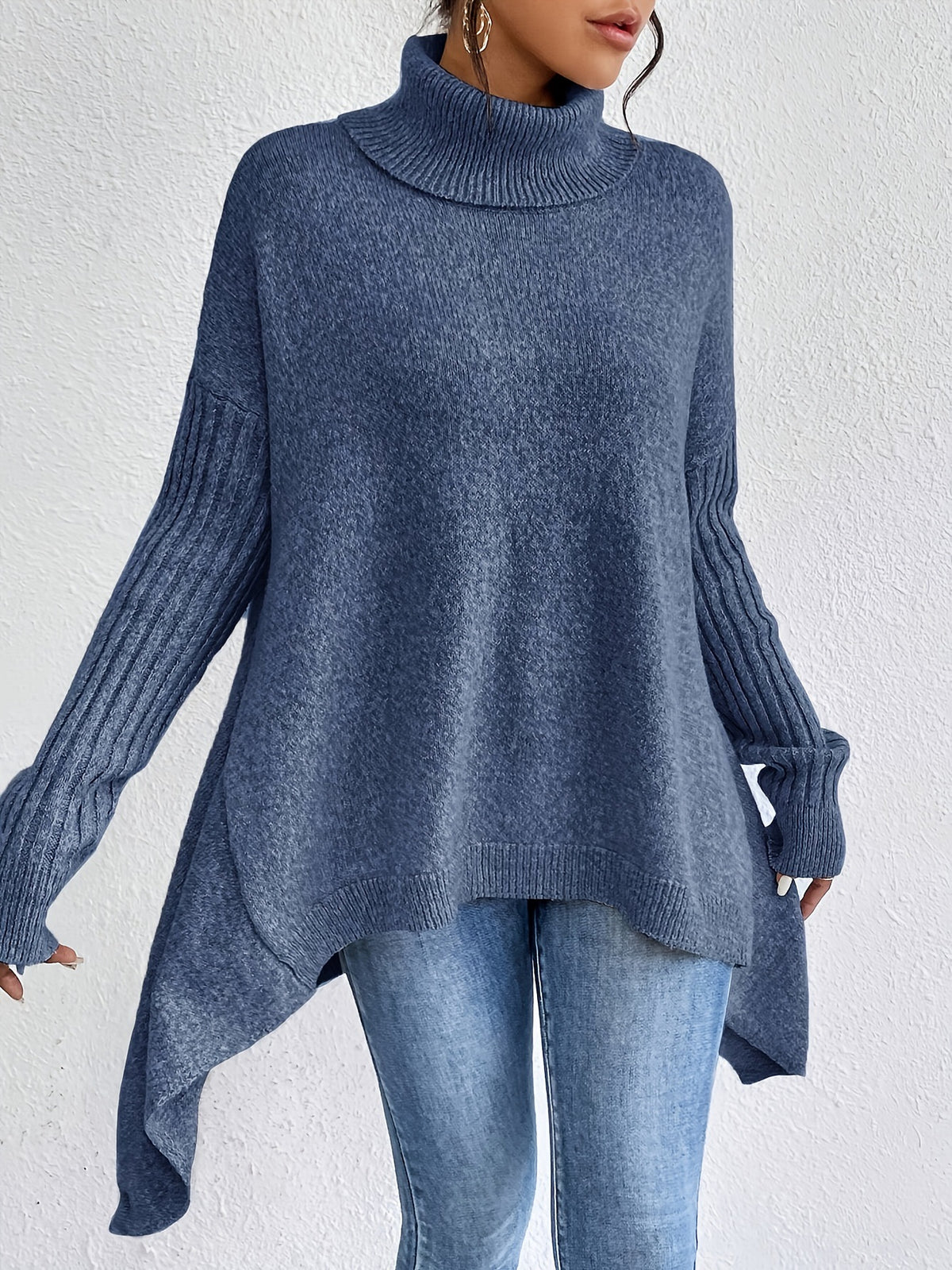 Oversized Turtleneck Asymmetric Hem Tunic Sweater - Navyblue - 2