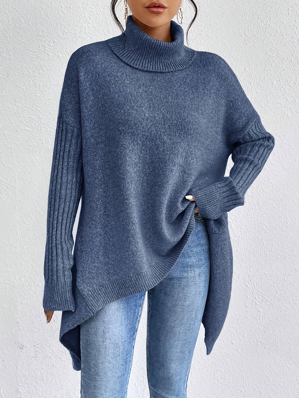 Oversized Turtleneck Asymmetric Hem Tunic Sweater