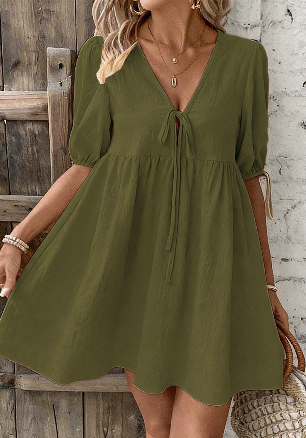 Puff Sleeve Tie Front Babydoll Mini Dress - Green