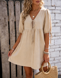 Puff Sleeve Tie Front Babydoll Mini Dress - Khaki