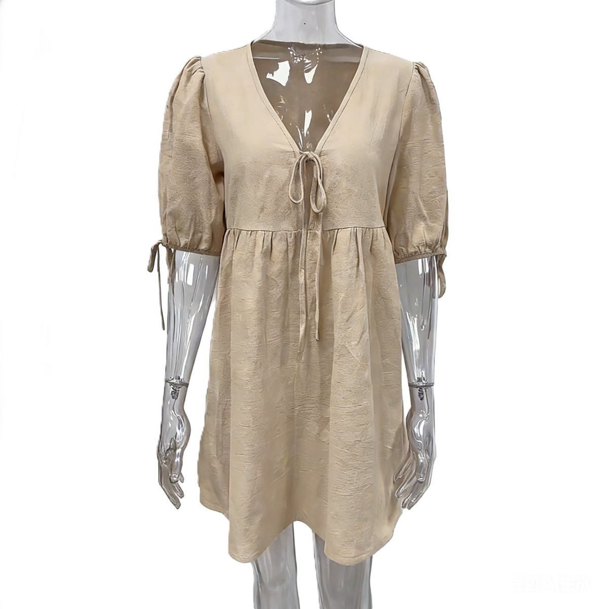 Puff Sleeve Tie Front Babydoll Mini Dress - Khaki - 1