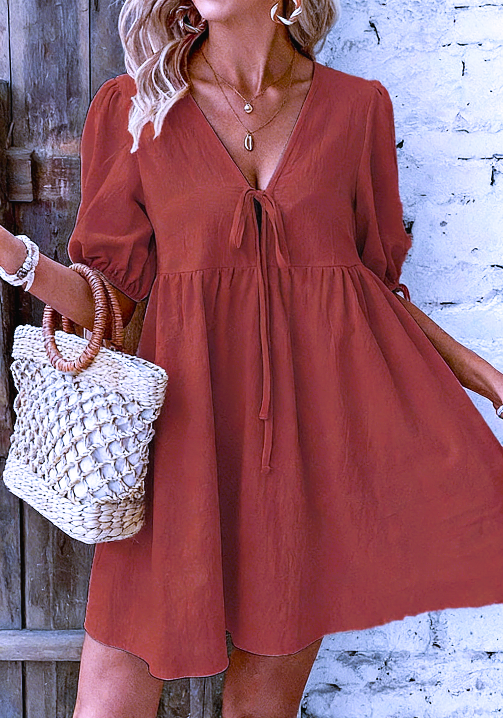 Puff Sleeve Tie Front Babydoll Mini Dress - Rustred