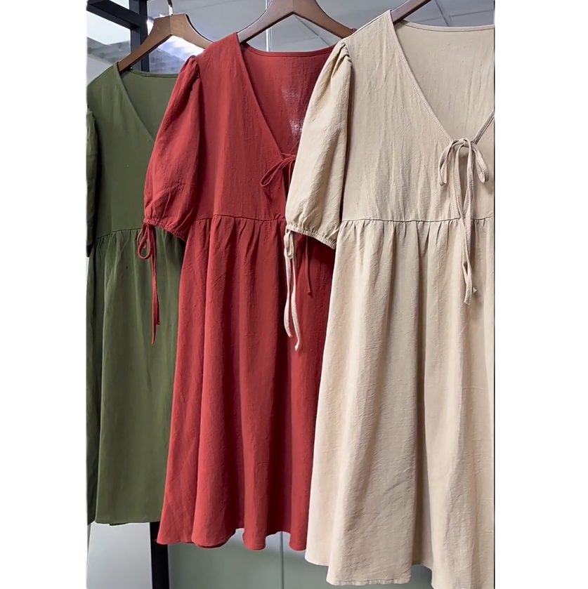 Puff Sleeve Tie Front Babydoll Mini Dress - Rustred - 1