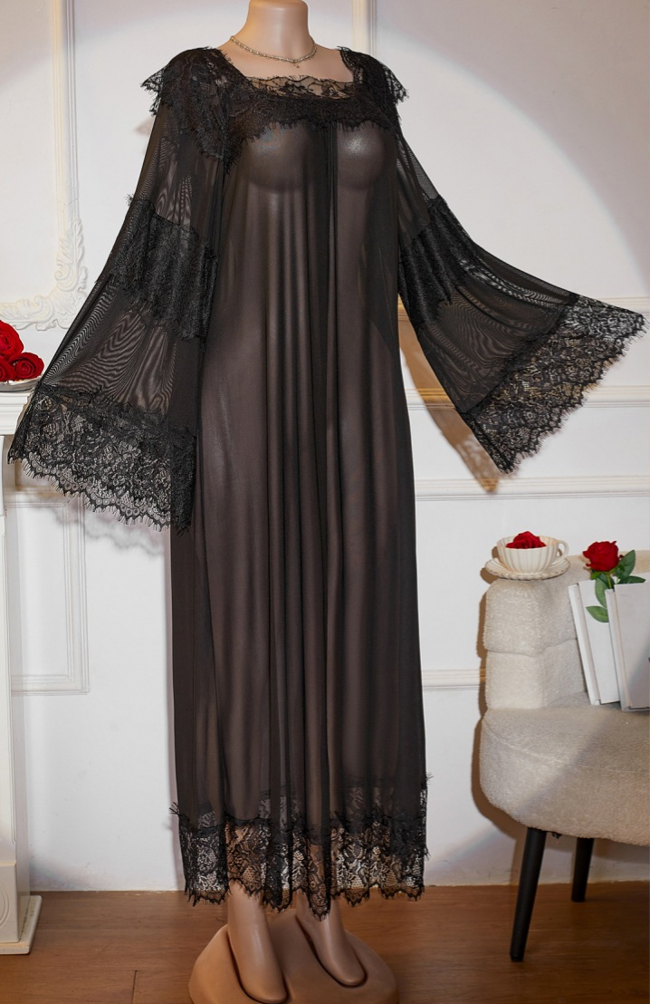Lace Trim Bell Sleeve Long Nightgown - Black