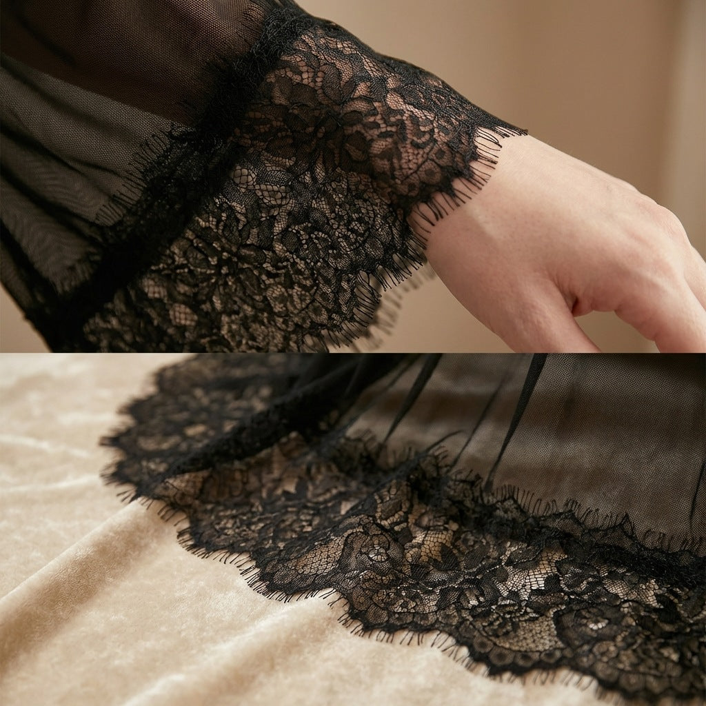 Lace Trim Bell Sleeve Long Nightgown - Black - 3