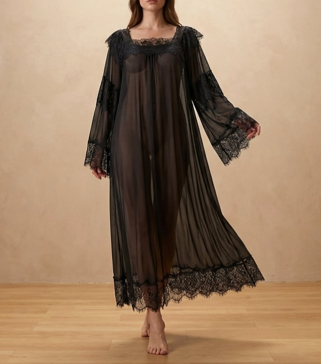 Lace Trim Bell Sleeve Long Nightgown - Black - 4
