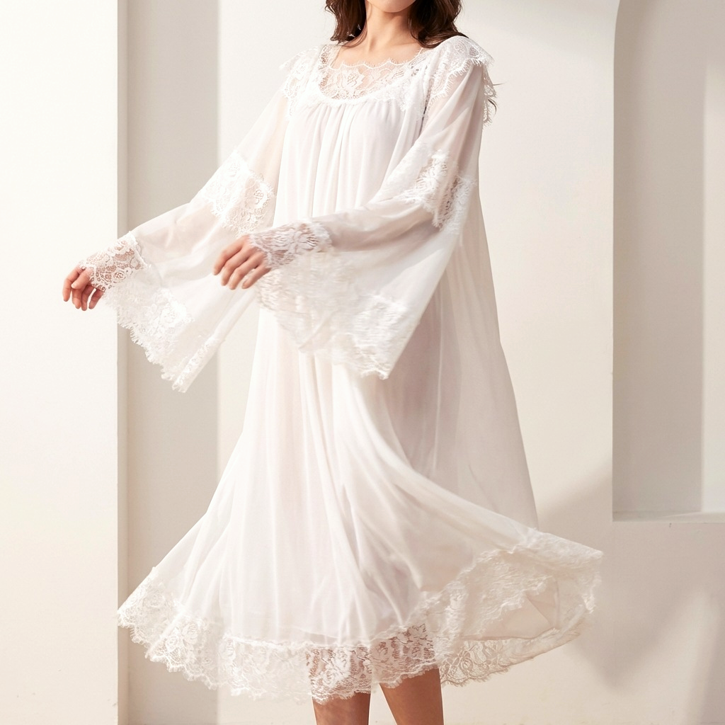 Lace Trim Bell Sleeve Long Nightgown - White - 1