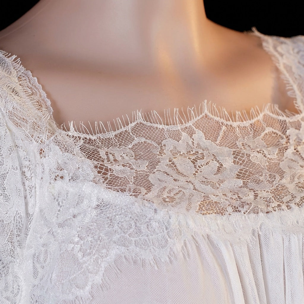 Lace Trim Bell Sleeve Long Nightgown - White - 2