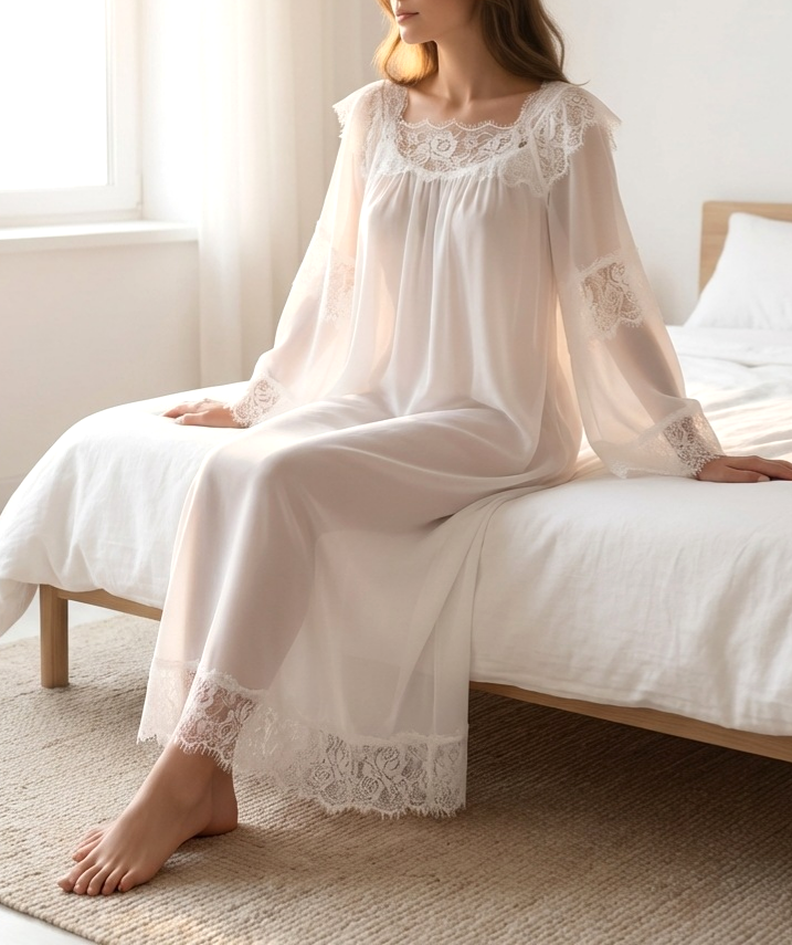 Lace Trim Bell Sleeve Long Nightgown - White - 4