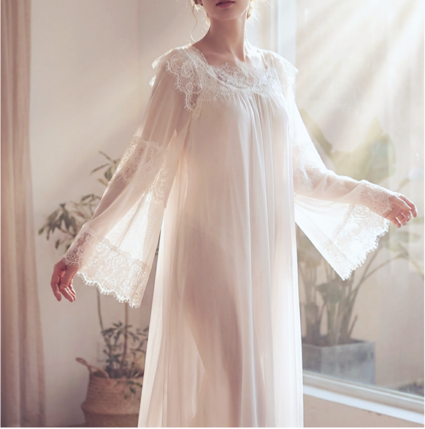 Lace Trim Bell Sleeve Long Nightgown - White - 5