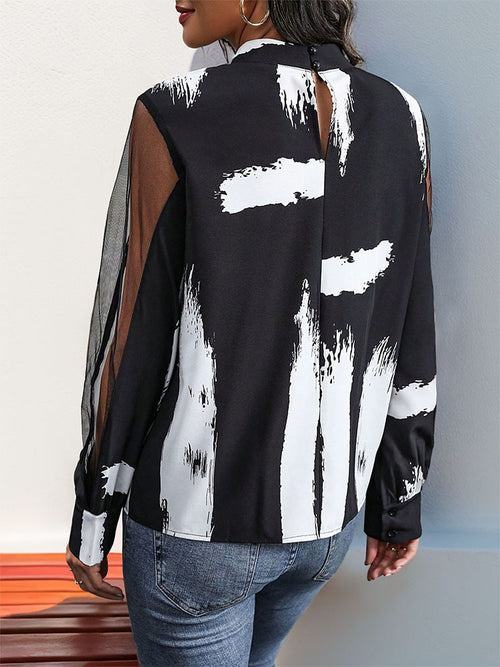 Abstract Brushstroke Print Mesh Sleeve Blouse - Black - 1