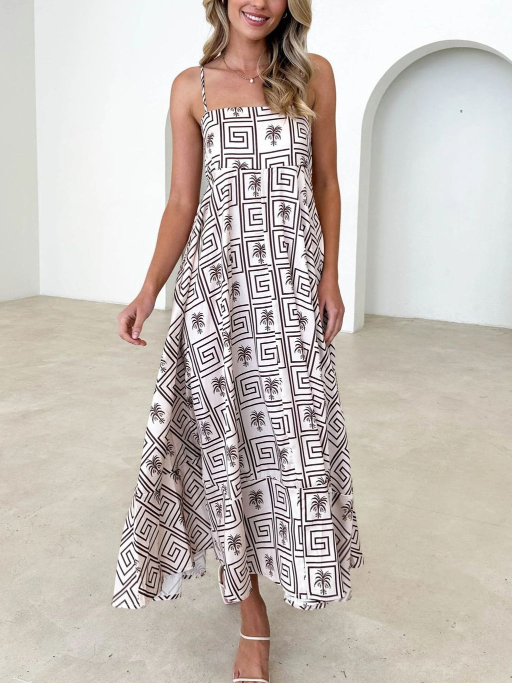 Geometric Print Handkerchief Hem Maxi Dress - ApricotBlocks
