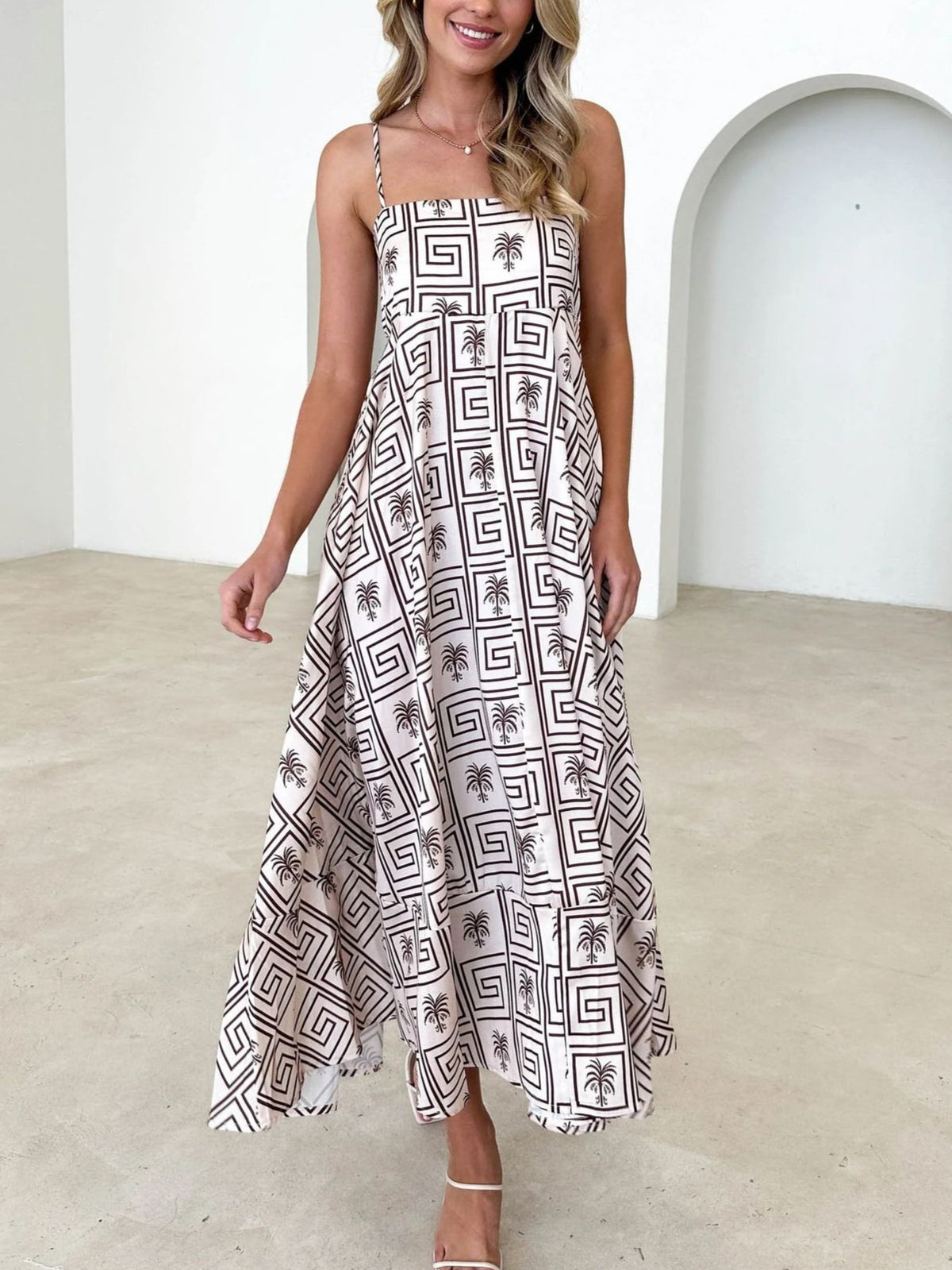 Geometric Print Handkerchief Hem Maxi Dress - ApricotBlocks