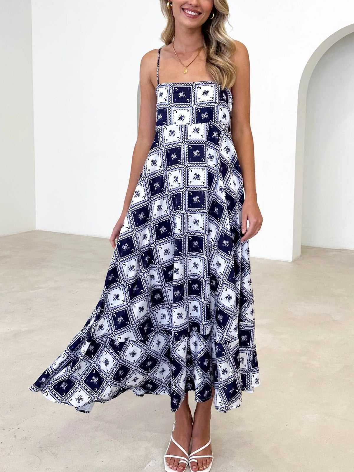 Geometric Print Handkerchief Hem Maxi Dress - BlackBlocks