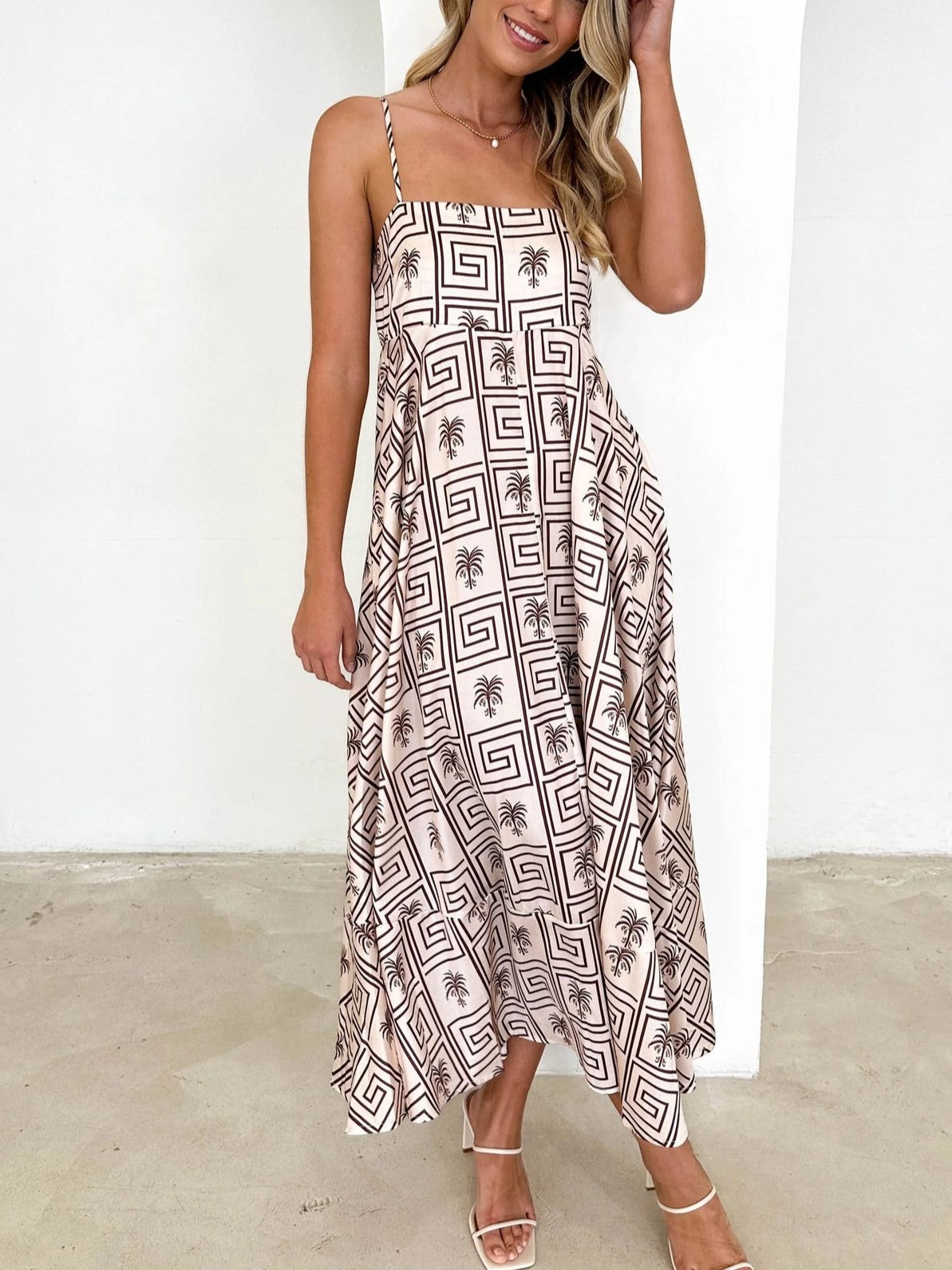 Geometric Print Handkerchief Hem Maxi Dress