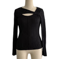 Asymmetric Cutout Ribbed Long Sleeve Top - Black