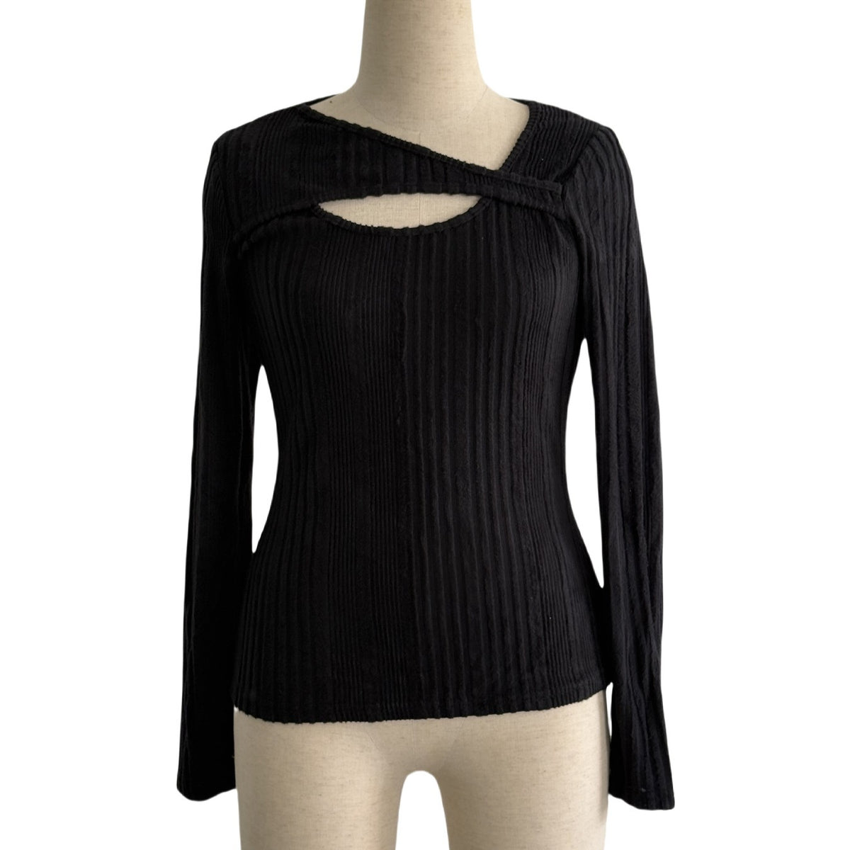 Asymmetric Cutout Ribbed Long Sleeve Top - Black