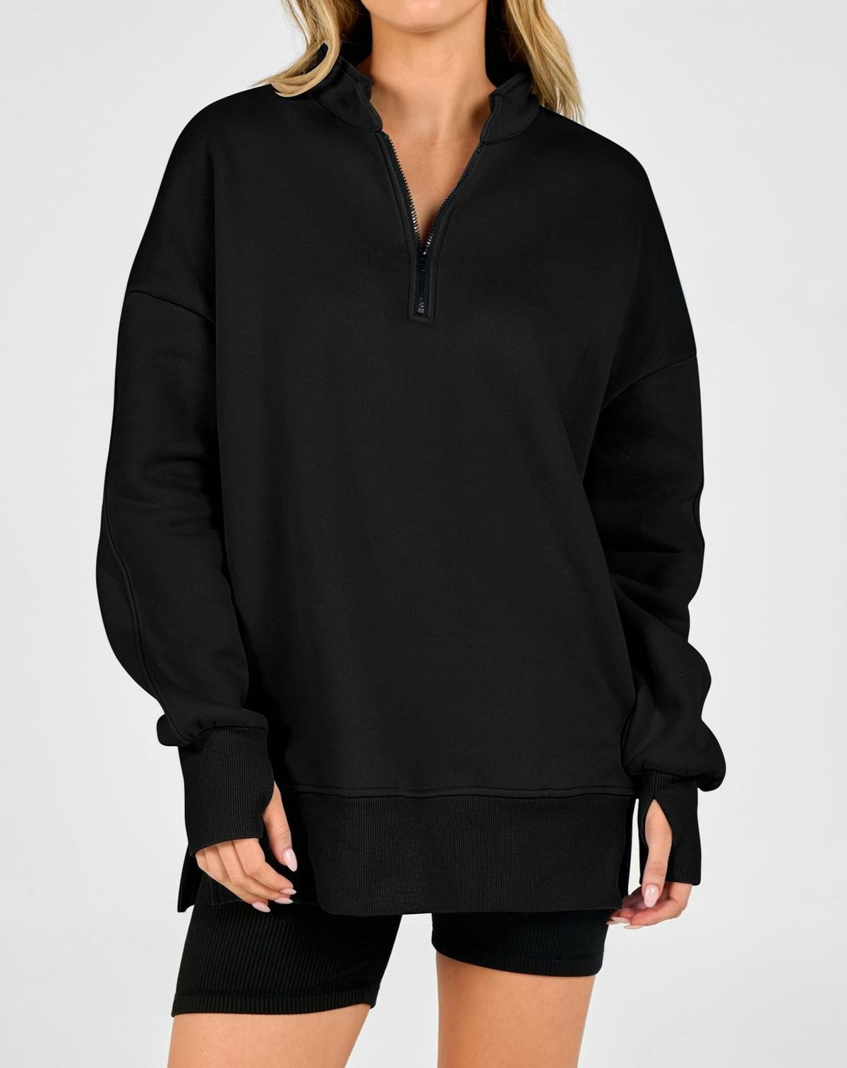 Oversized Half Zip Split Hem Sweatshirt - Black