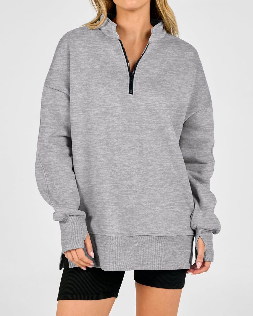 Oversized Half Zip Split Hem Sweatshirt - Grey