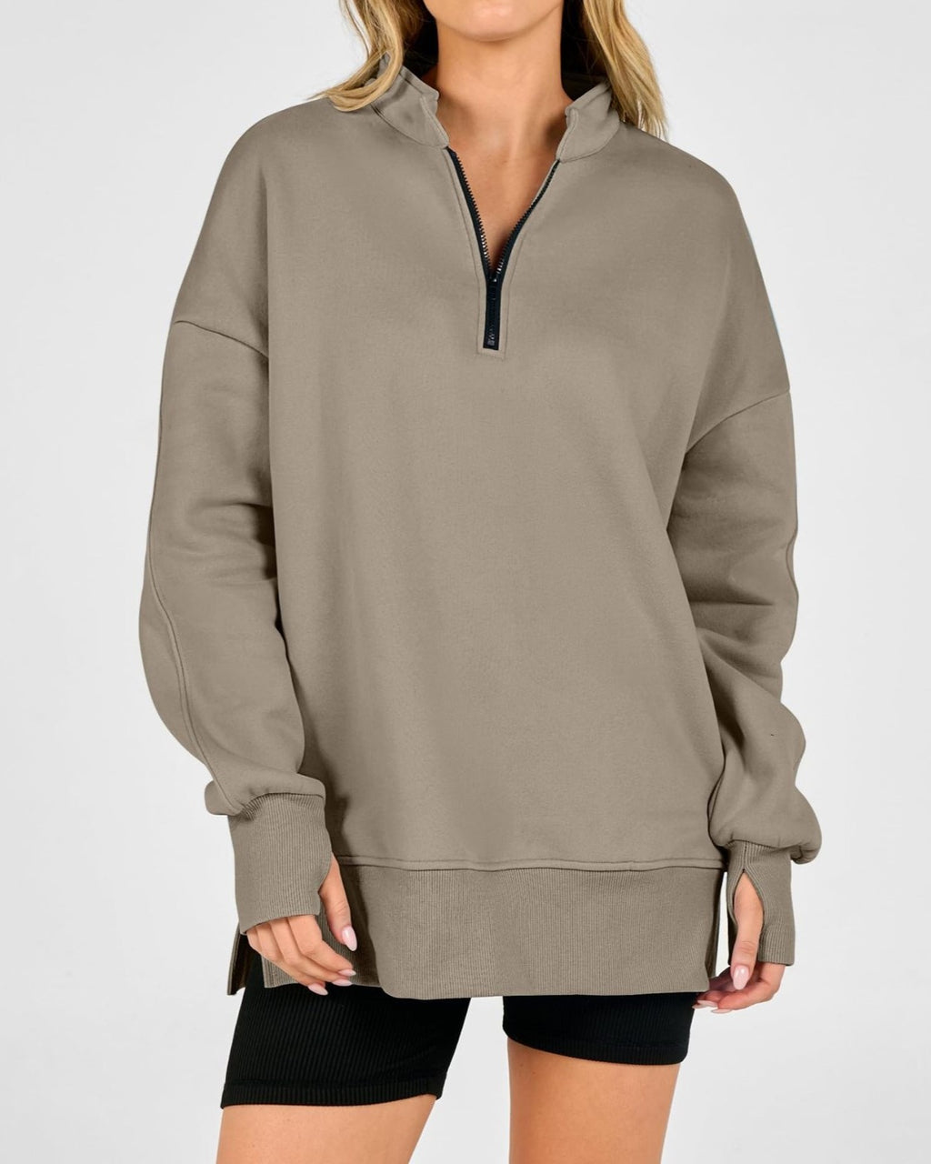 Oversized Half Zip Split Hem Sweatshirt - Khaki