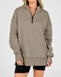 Oversized Half Zip Split Hem Sweatshirt - Khaki