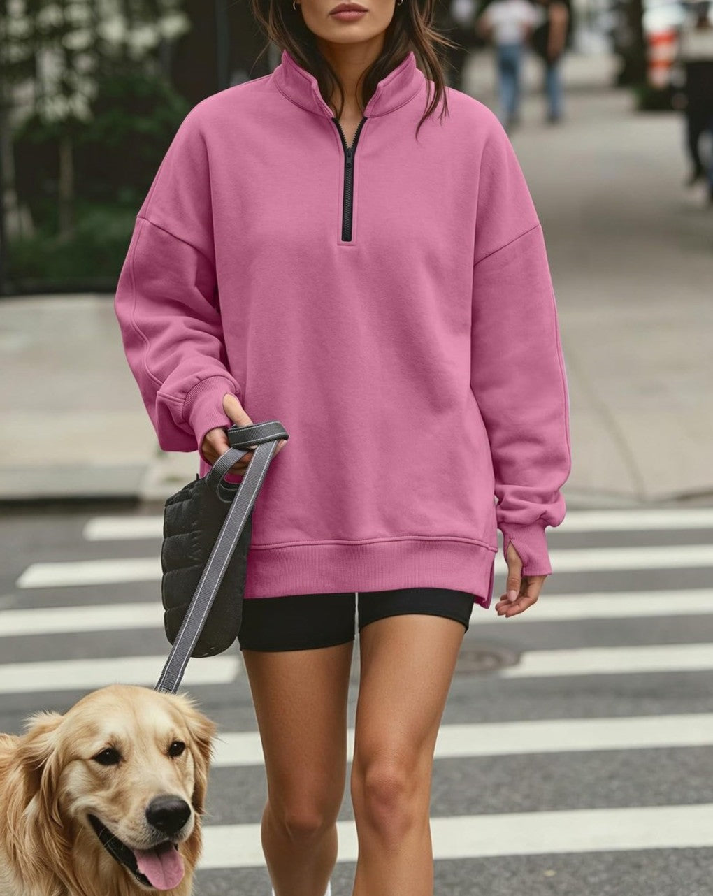 Oversized Half Zip Split Hem Sweatshirt - Pink