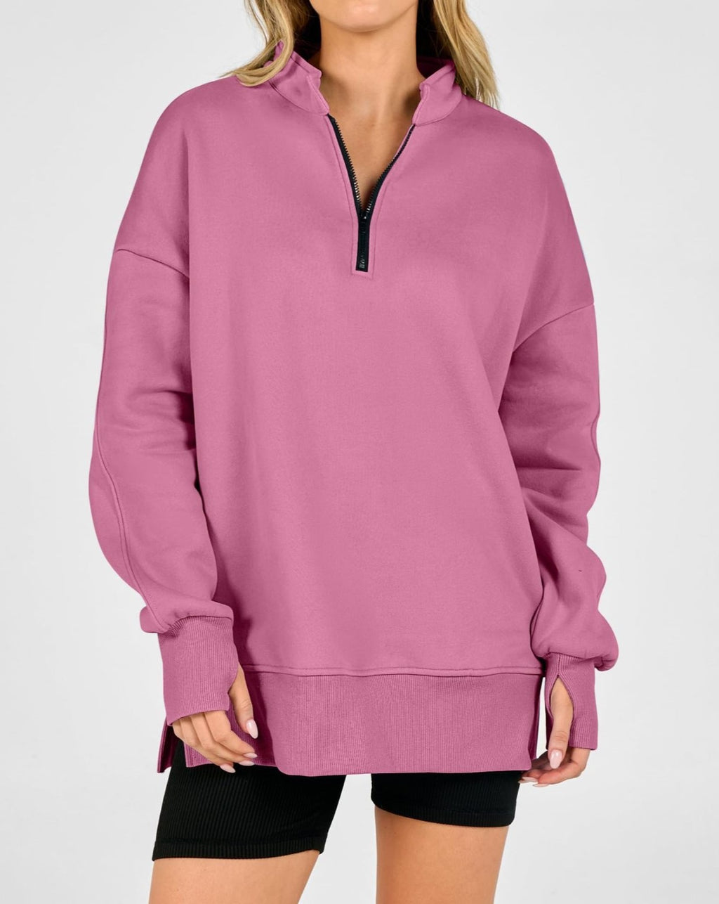 Oversized Half Zip Split Hem Sweatshirt - Pink - 1