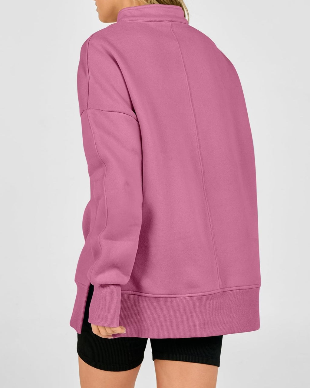 Oversized Half Zip Split Hem Sweatshirt - Pink - 2