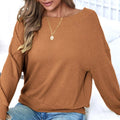 Waffle Knit Lace Up Back Crewneck Top - Brown