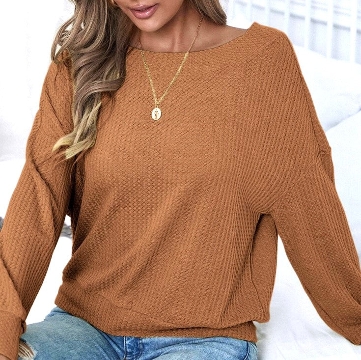 Waffle Knit Lace Up Back Crewneck Top - Brown