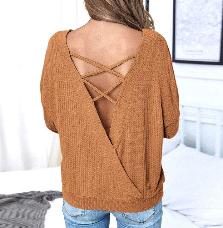 Waffle Knit Lace Up Back Crewneck Top - Brown - 2