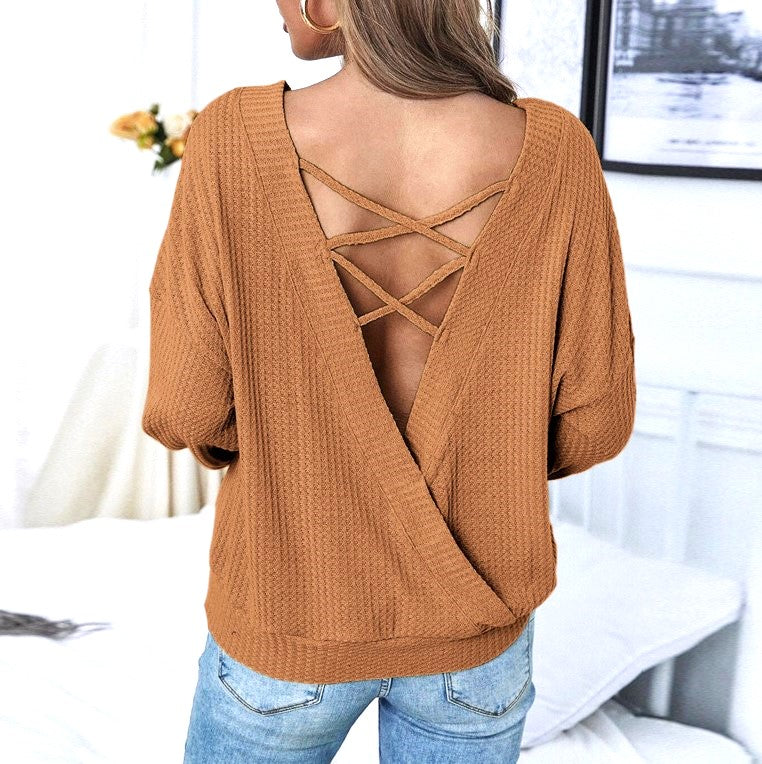 Waffle Knit Lace Up Back Crewneck Top