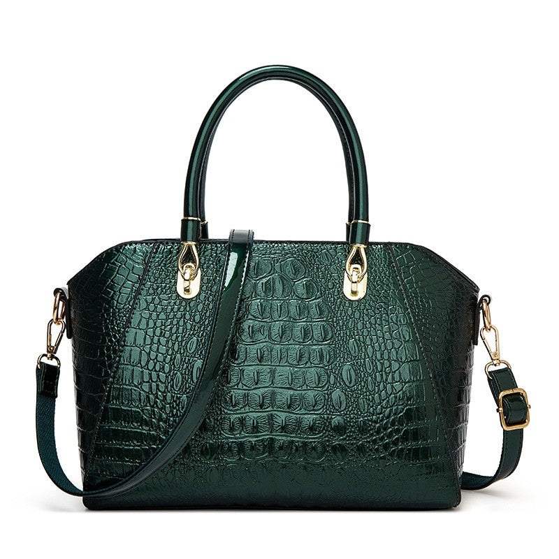 Glossy Croc Embossed Dome Top Handle Satchel - Forest Green