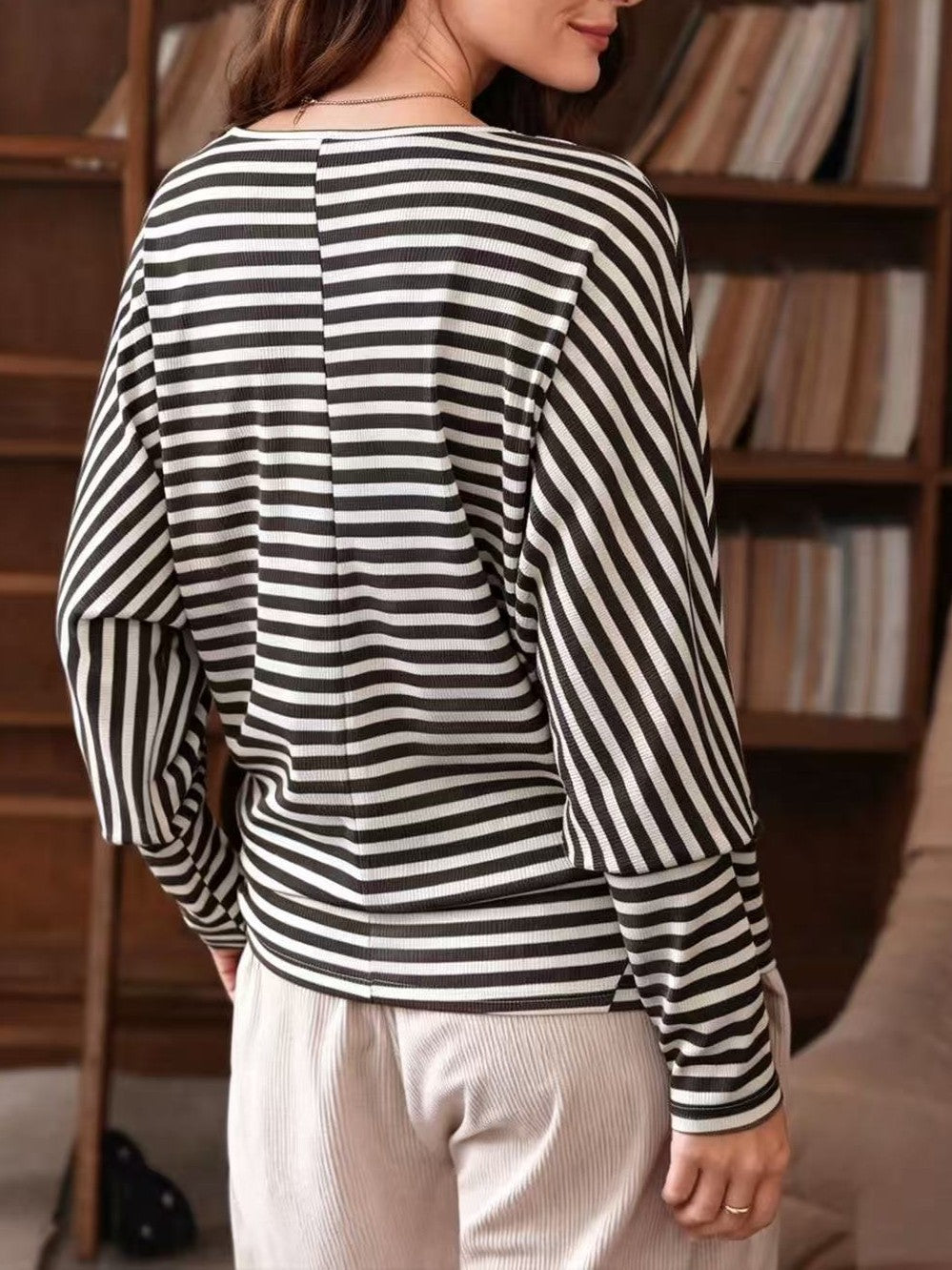 Breton Stripe Dolman Sleeve Ribbed Top - Black - 2