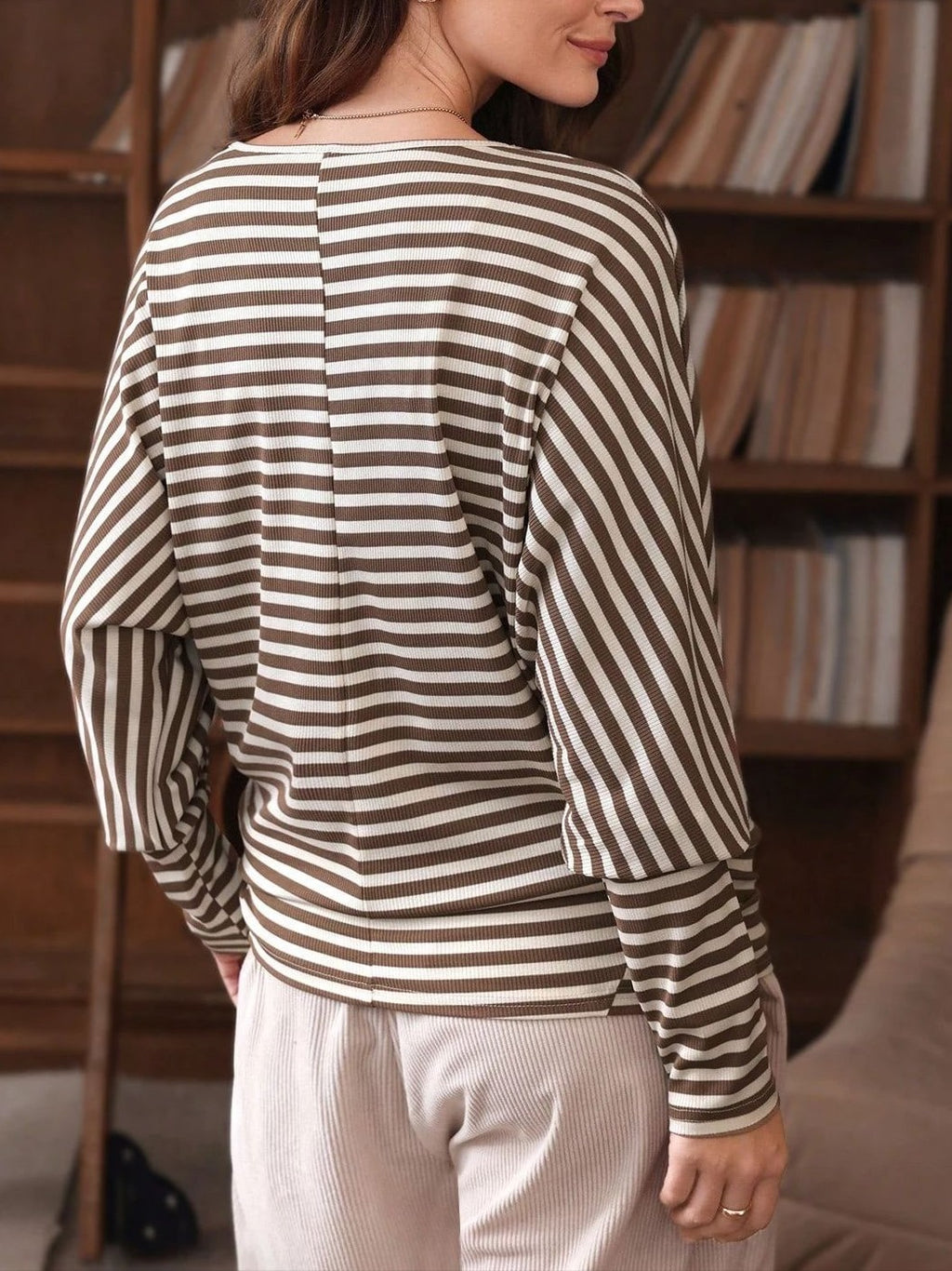 Breton Stripe Dolman Sleeve Ribbed Top - Coffee - 2