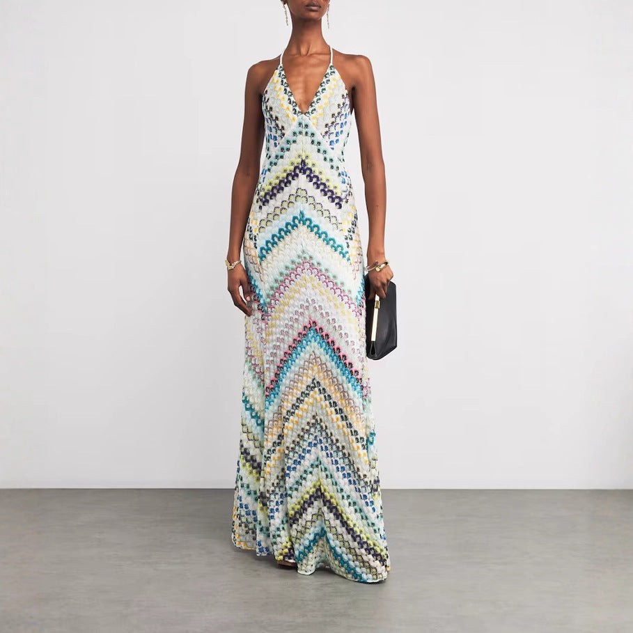 Chevron Crochet Open Back Maxi Dress - Green