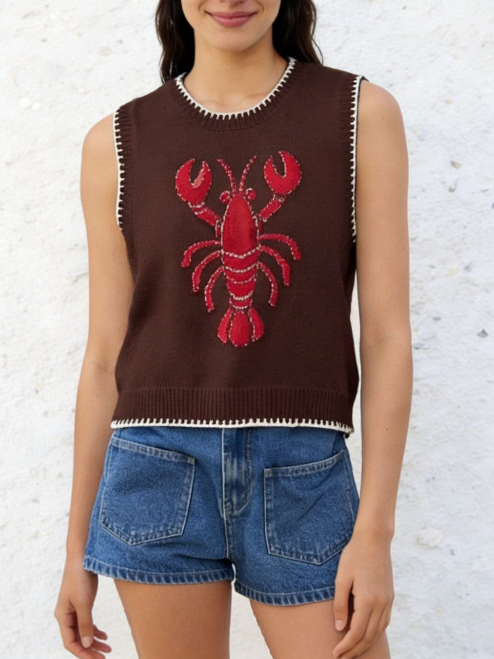 Nautical Lobster Sleeveless Knit Tank Top - Brown