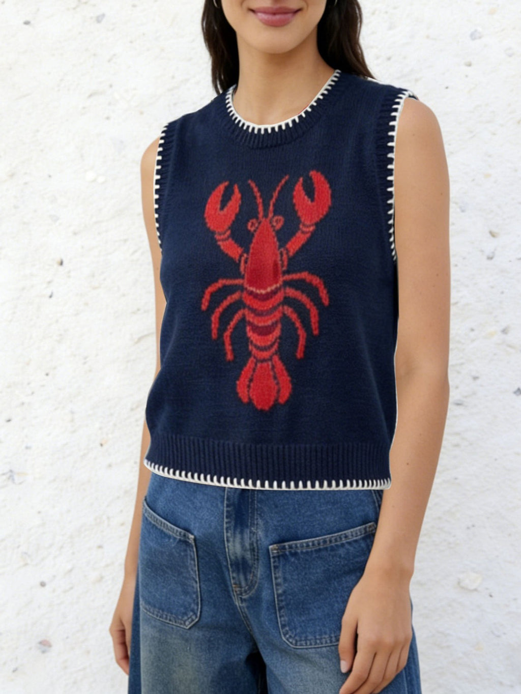 Nautical Lobster Sleeveless Knit Tank Top - Navy