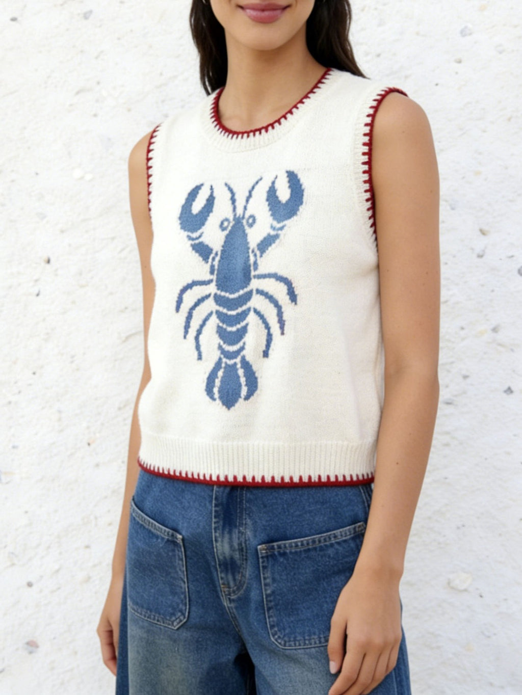 Nautical Lobster Sleeveless Knit Tank Top - WhiteBlue