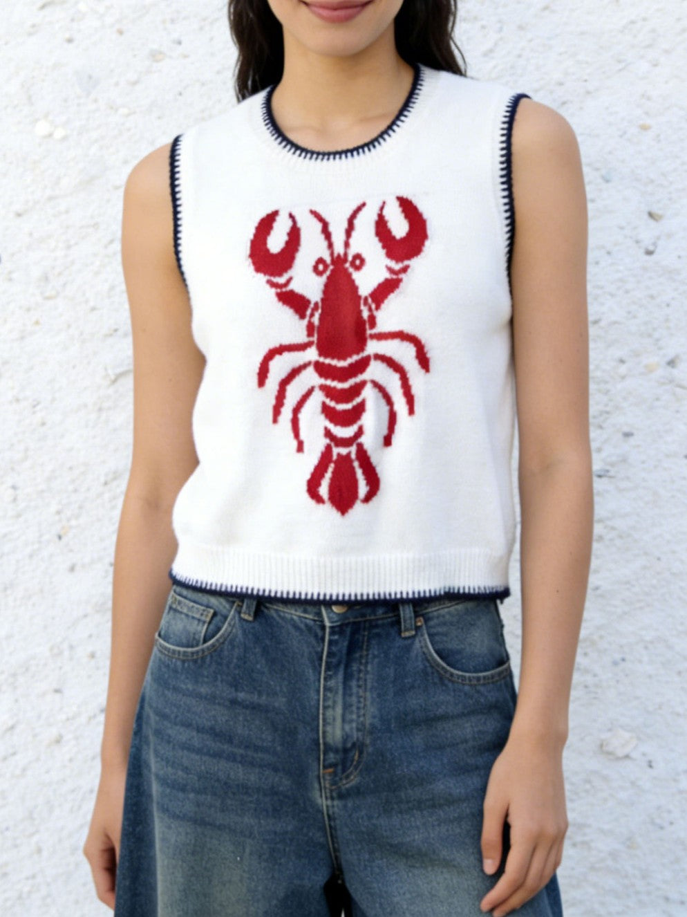 Nautical Lobster Sleeveless Knit Tank Top - WhiteRed