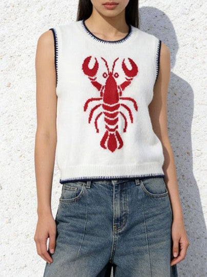 Nautical Lobster Sleeveless Knit Tank Top - WhiteRed - 1