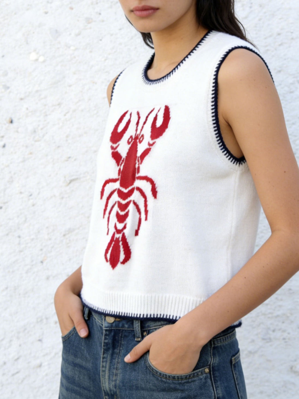 Nautical Lobster Sleeveless Knit Tank Top - WhiteRed - 2