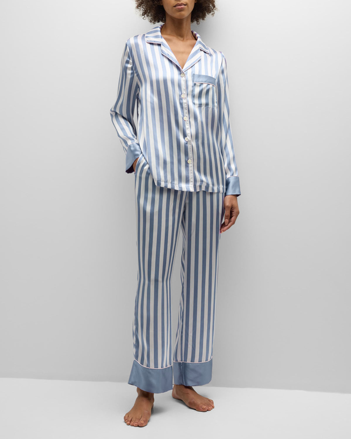 Satin Striped Long Sleeve Pajama Set - Blue