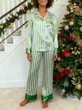 Satin Striped Long Sleeve Pajama Set - Green