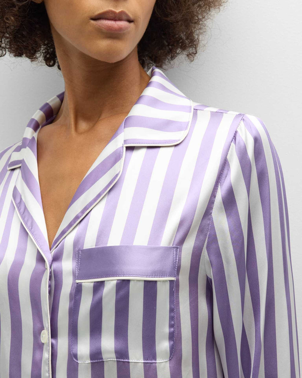 Satin Striped Long Sleeve Pajama Set - Purple - 1